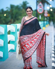 Ready to Wear Crape Silk Saree, Printed Stitched Saree with Decorative Border