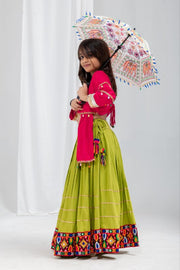 Traditional Indian Lehenga Choli Set with Green Flared Lehenga Skirt, Pink Printed Jacket Top