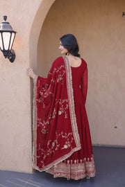 Women’s Red Embroidered Anarkali Suit with Dupatta, Floor Length Indian Ethnic Dress Set