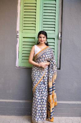 Women’s Ready to Wear Mul Cotton Saree with Pocket, Blue and Mustard Printed Stitched Saree