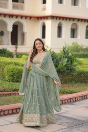 Women’s Sage Green Embroidered Lehenga Choli Set with Dupatta
