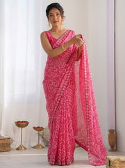 Bandhani Print Saree for Women with White Traditional Pattern and Piping Border