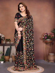 Women with Floral Embroidery Work and Designer Border, Elegant Indian Traditional Saree