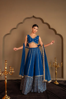Women’s Royal Blue Embroidered Lehenga Choli Set with Dupatta