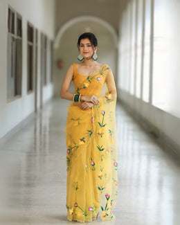 Women’s Ready to Wear Crape Silk Saree, Yellow Floral Printed Stitched Saree