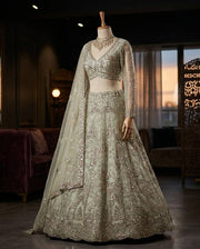 Women’s Sage Green Embroidered Lehenga Choli Set with Dupatta