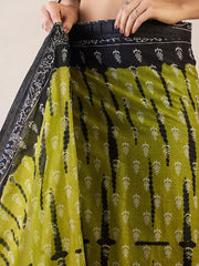 Women’s Ready to Wear Mul Cotton Saree with Pocket, Olive Green and Black Printed Stitched Saree
