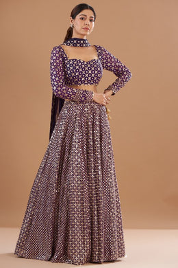 Women’s Purple Printed Lehenga Choli Set with Dupatta, Traditional Indian Ethnic Wedding Wear