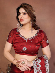 Women’s Saree with Floral Embroidery Border, Elegant Indian Traditional Look