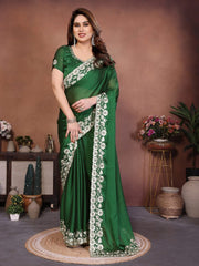Women’s Saree with Floral Embroidery Border, Elegant Indian Traditional Look