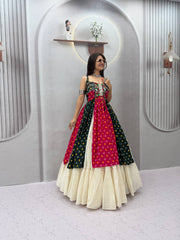 Women’s Bandhani Lehenga Choli with Kutchi Mirror Work
