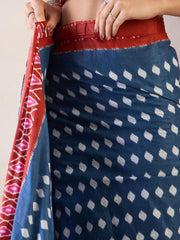 Women’s Ready to Wear Mul Cotton Saree with Pocket, Blue and Red Printed