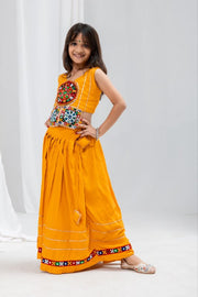 Girls Traditional Indian Lehenga Choli Set, Mustard Yellow Flared Lehenga Skirt