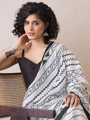 Women’s Ready to Wear Mul Cotton Saree with Pocket, White and Black