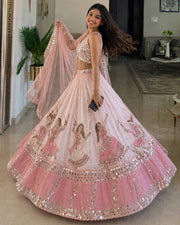 Women’s Pink Lehenga Choli Set with Mirror Work and Printed Skirt