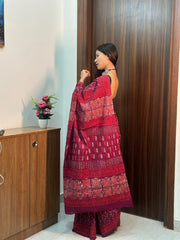 Women’s Wine Red Mul Cotton Printed Saree with Traditional Patterned Border