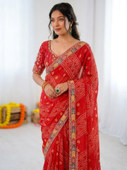 Women’s Green Bandhani Print Saree with Embroidery Work Border
