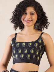 Women’s Ready to Wear Mul Cotton Saree with Pocket, Olive Green and Black Printed Stitched Saree