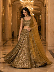 Women’s Golden Olive Green Embroidered Lehenga Choli with Dupatta