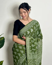 Women’s Ready to Wear Mul Cotton Saree with Pocket, Green Printed Stitched Saree