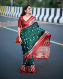 Women’s Ready to Wear Crape Silk Saree, Green and Red Printed Stitched Saree
