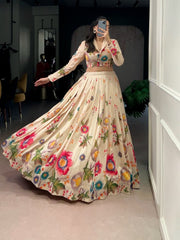 Women’s Cream Floral Printed Lehenga Choli Set with Dupatta