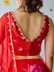 Women’s Red Floral Printed Saree with Embroidered Border
