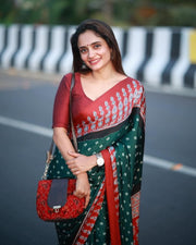 Women’s Ready to Wear Crape Silk Saree, Green and Red Printed Stitched Saree