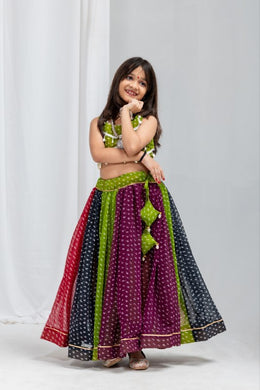 Girls Traditional Bandhani Printed Lehenga Choli Set with Dupatta, Multicolor Indian Ethnic Wear