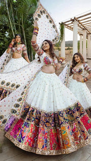 Women’s White Lehenga Choli Set with Multicolor Printed Border