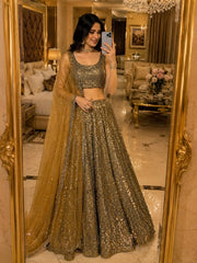 Women’s Golden Olive Green Embroidered Lehenga Choli with Dupatta