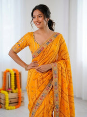 Women’s Green Bandhani Print Saree with Embroidery Work Border
