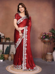 Women’s Saree with Floral Embroidery Border, Elegant Indian Traditional Look