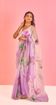 Women’s Ready to Wear Organza Silk Saree, Lavender Floral Printed Stitched Saree