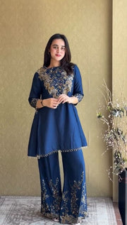 Women’s Embroidered Chinon Silk Kurta Sharara Set