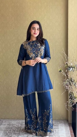 Women’s Embroidered Chinon Silk Kurta Sharara Set