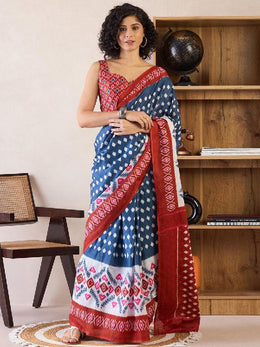 Women’s Ready to Wear Mul Cotton Saree with Pocket, Blue and Red Printed