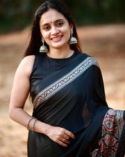 Women’s Ready to Wear Crape Silk Saree, Black Printed Stitched Saree with Red Floral