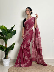 Women’s Ready to Wear Mul Cotton Saree with Pocket, Printed Stitched Saree