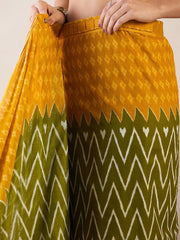Women’s Ready to Wear Mul Cotton Saree with Pocket, Mustard Yellow and Olive Green