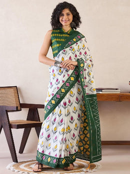 Women’s Ready to Wear Mul Cotton Saree with Pocket, White and Green Printed Saree