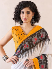 Women’s Ready to Wear Mul Cotton Saree with Pocket, White, Mustard Yellow and Black Printed