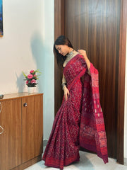 Women’s Wine Red Mul Cotton Printed Saree with Traditional Patterned Border