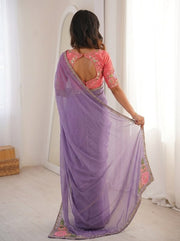 Women’s Lavender Purple Saree with Floral Embroidery and Decorative Border