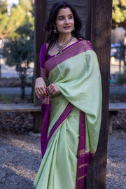 Mint Green and Purple Soft Silk Saree for Women with Contrast Woven Border