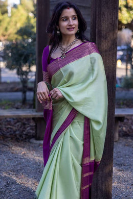 Mint Green and Purple Soft Silk Saree for Women with Contrast Woven Border