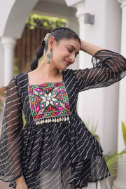 Women’s Embroidered Black Peplum Kurti with White Flared Lehenga Skirt
