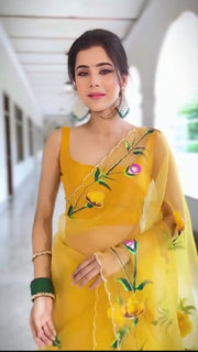 Women’s Ready to Wear Crape Silk Saree, Yellow Floral Printed Stitched Saree