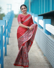 Women’s Ready to Wear Crape Silk Saree, Red Printed Stitched Saree with Traditional look