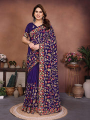 Women with Floral Embroidery Work and Designer Border, Elegant Indian Traditional Saree